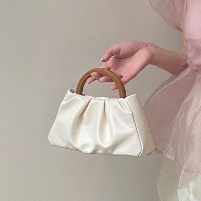 

New women bag wooden handle pleated cloud small handbag shoulder messenger mini bag dinner fashion handbag