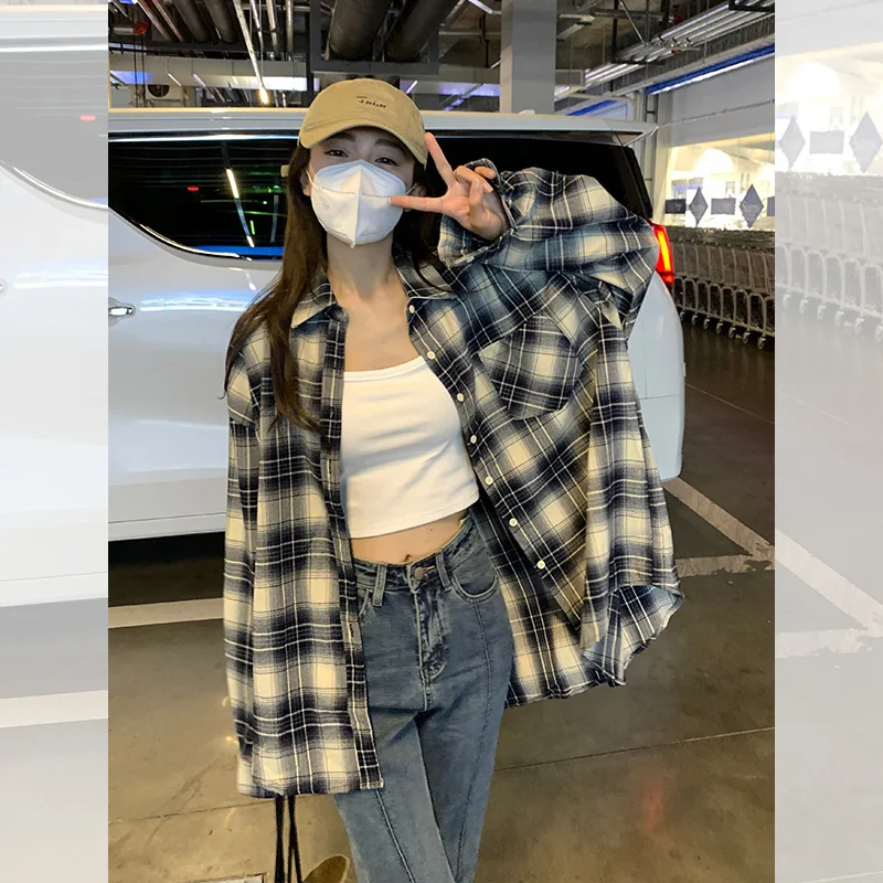 Autumn All Match Plaid Shirts for Women Korean Fashion Button Up Oversized Shirt Woman 2023 Aesthetic Loose Blouse Female