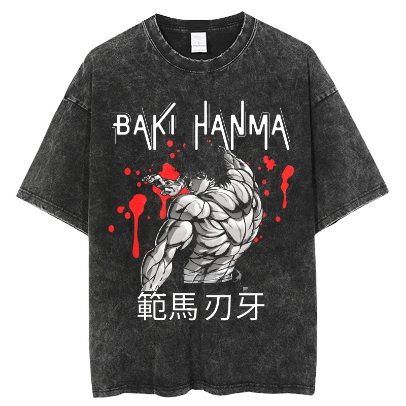 

Grappler Baki Kyokudai taikai Anime T-shirt Oversize streetwear Short Sleeve Creative Printing Mens Clothing Vintage Washed Tees