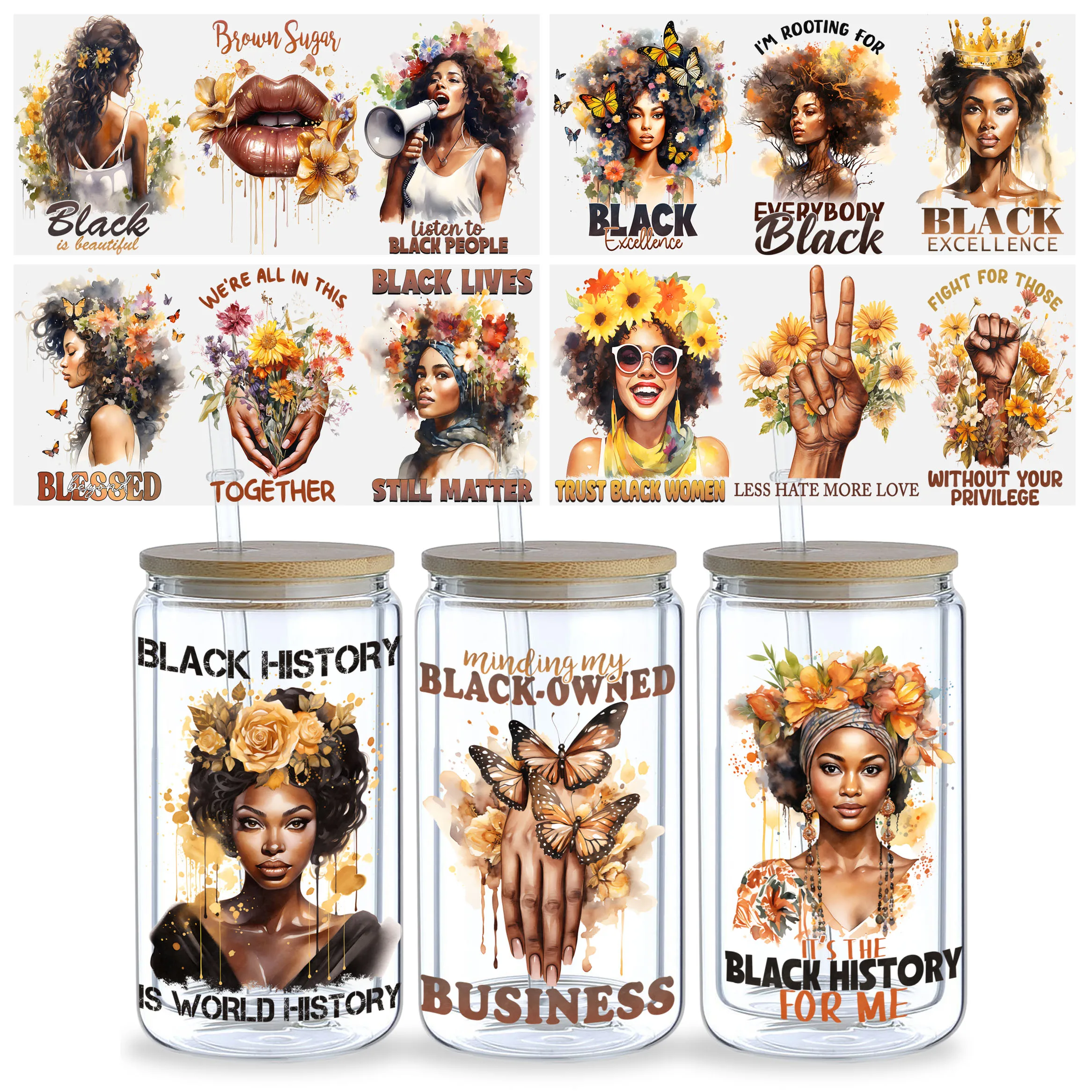 Black Queen UV DTF Cup Stickers 5 Sheets Glass DTF Transfer Stickers Waterproof Wipe Transfer Paper for 16 oz Glass Mugs
