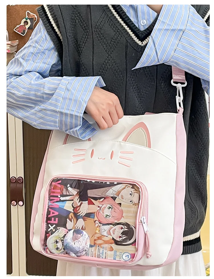 Y2K Nette Katze Ita Schulter Tasche Große Kapazität Frauen Casual Umhängetasche Kawaii Mädchen Transparente Tasche DIY Display Nylon Handtasche – Detail 25