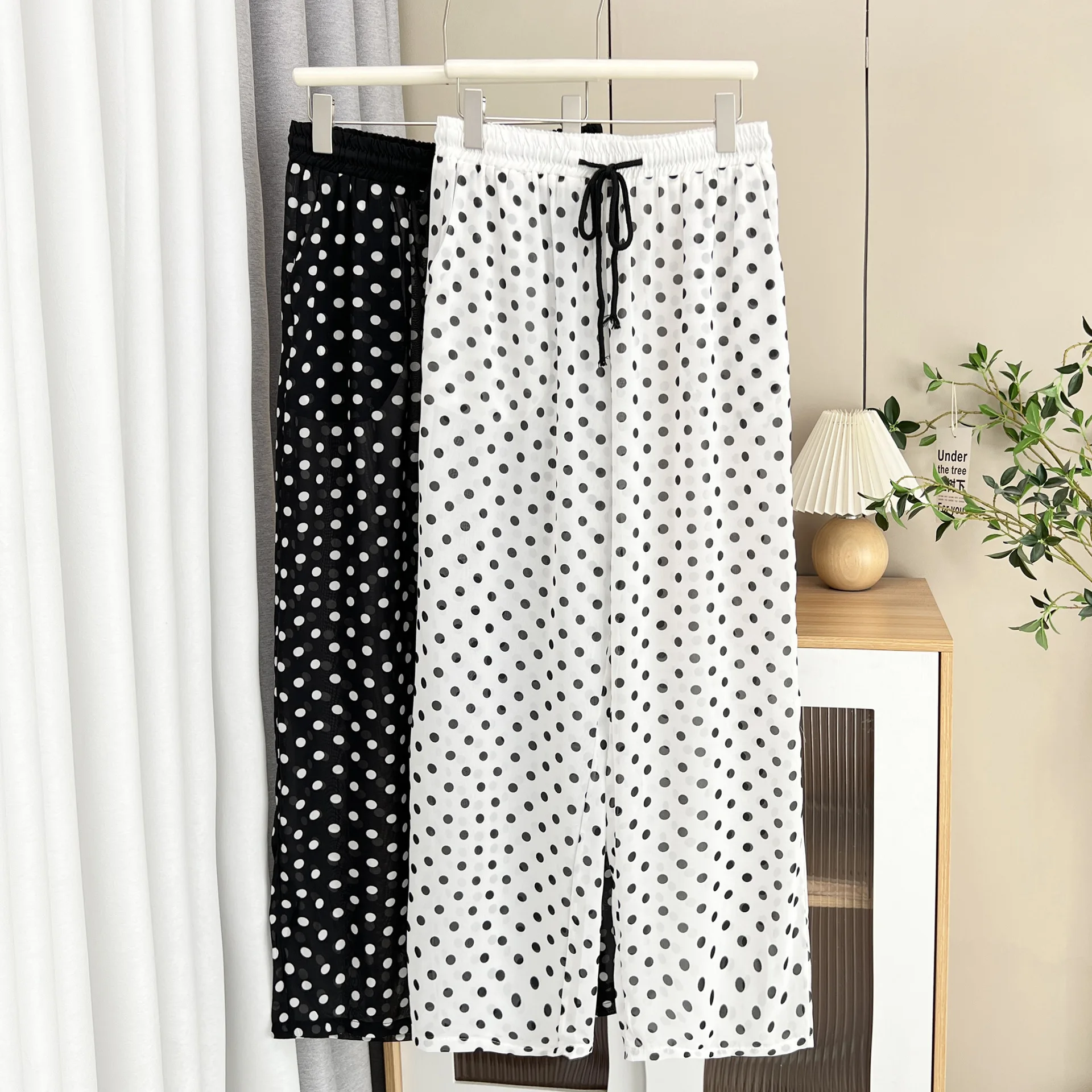 100kg Plus Size Women's Wide Leg Pants Casual Simple Translucent  Thin Polka Dot Chiffon Trousers Summer New 1686