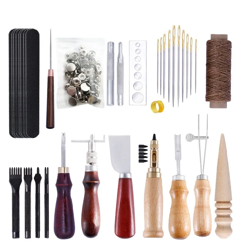 Leather Working Kit Different Leather Craft Tool with Sewing Needle  Stitching Groover Awl Metal Button Snaps for Leather Making - AliExpress