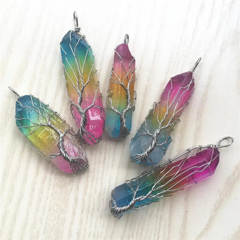 Natural Stone Clear Crystal Tree of Life Necklace Handmade Vintage Rainbow Antique Copper Wire Wrapped Pendant Necklace Jewelry