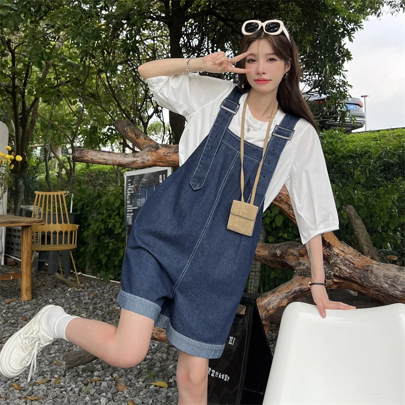 Overalls Shorts For Women's Summer Denim Shorts Korean Style Wide Leg Jeans Blue High Waisted Baggy Crimping Y2k Fashion Shorts