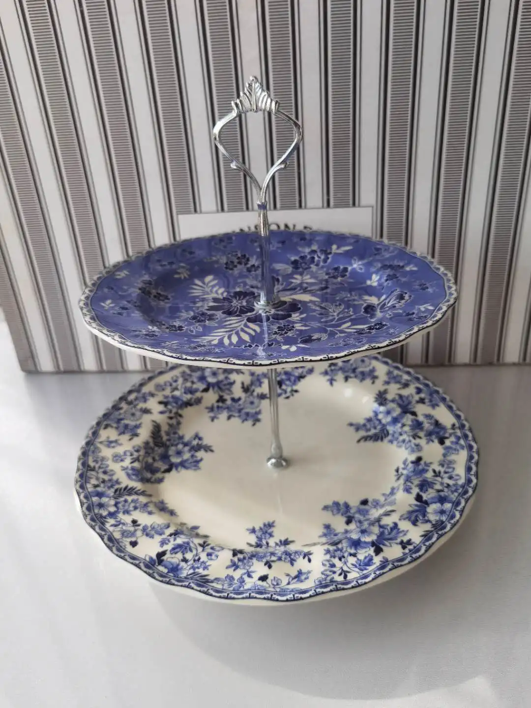 british-classic-devonshire-blue-and-white-series-double-layer-cake-plate-8-105-inches