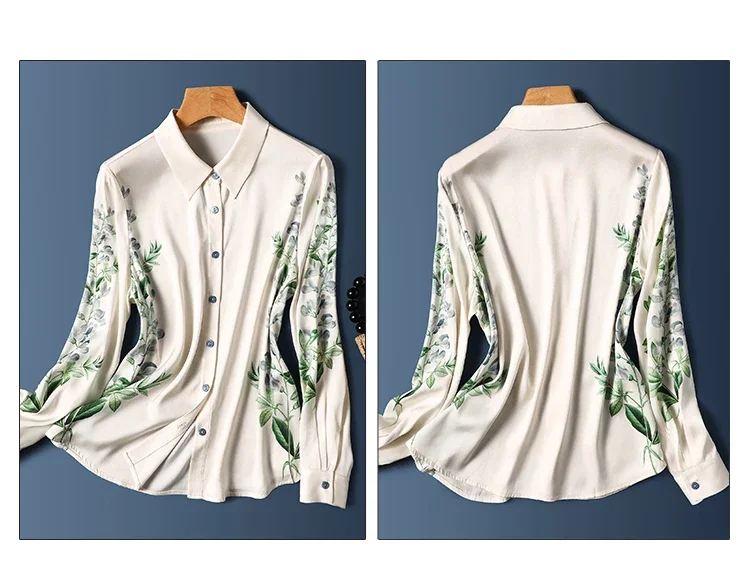Satin Women's Shirts Summer 2023 New Silk Prints Blouses Loose Long Sleeves Ladies Clothing Polo-Neck Casual Tops 2024 Korean