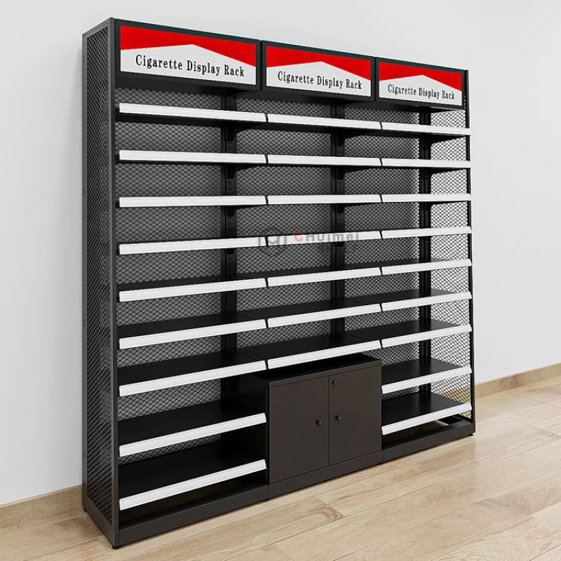 맞춤형 디스플레이 스탠드 푸셔 판매 레이저 장치 분체 도장 디스플레이 랙 소매 캐비닛 담배 가게 선반