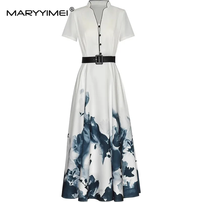 

MARYYIMEI Fashion Design Spring Summer Women's V-Neck Short-Sleeved Ink Wash Print Lace-UP Button Elegant Commuter Dresses