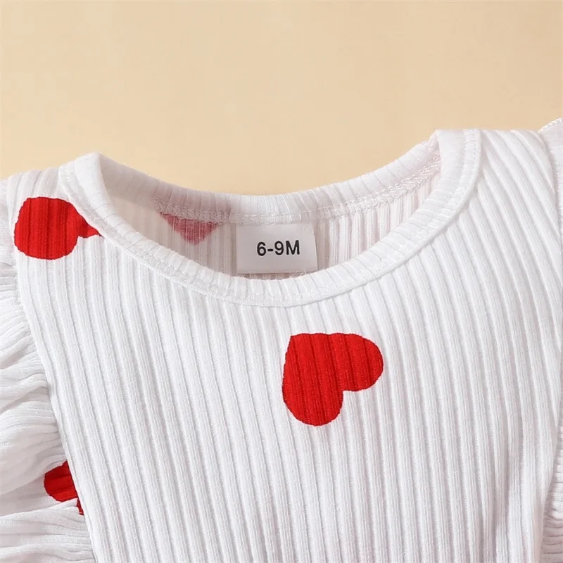 

Toddler Baby Girl Valentines Day Dress Heart Print Ribbed Knit Dress Ruffle Patchwork Short Sleeve Dress Headbands
