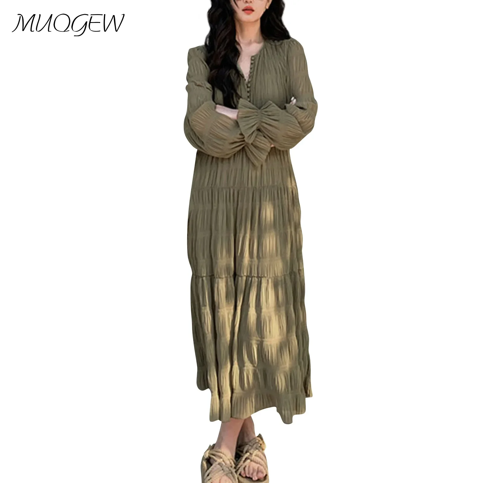 

Женское платье, модное мягкое платье в рубчик с V-образным вырезом и длинными рукавами, 2024 темпераментное длинное платье с высокой талией