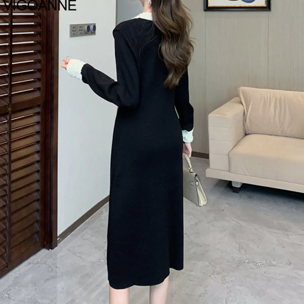 VigoAnne 2025 Female Spring Autumn Solid Knit Dress Woman Long Sleeve O Neck Knitted Dresses Lady Party Tight Long Sweater Dress 6