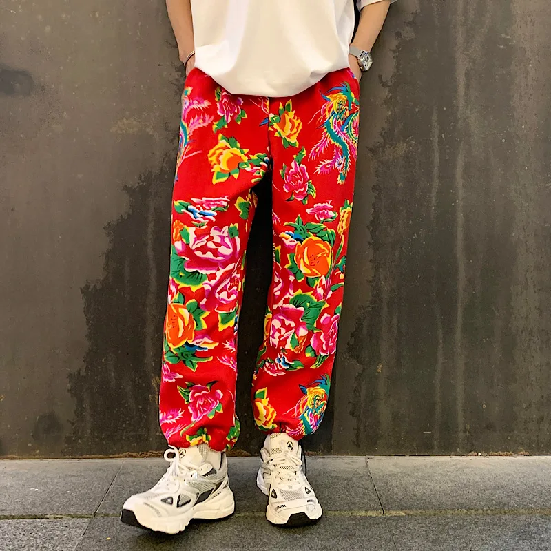 2025 Chinese Vintage Cotton Trousers Men National Flower Printing