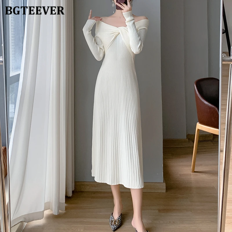 

BGTEEVER Autumn Winter Ladies Slash Neck Pullover Sweaters Dress Elegant Slim Waist Long Sleeve Female Knitted A-line Dress