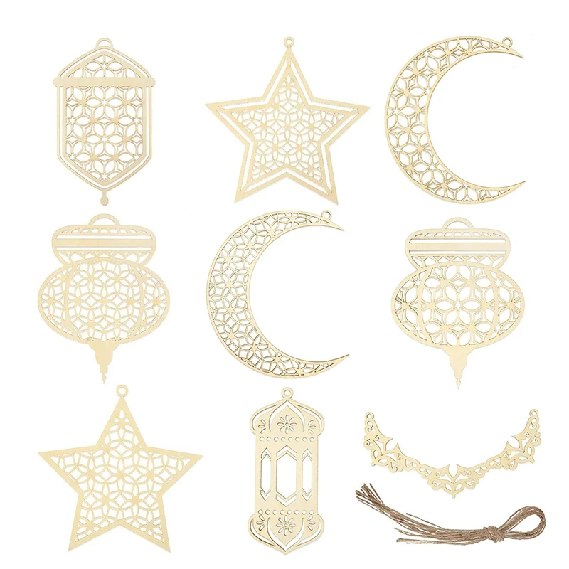 

9Pcs Wooden Pendant Ornament Ramadan Hollow Decoration Eid Hanging Sign For Ramadan Mubarak Eid Party Decorations