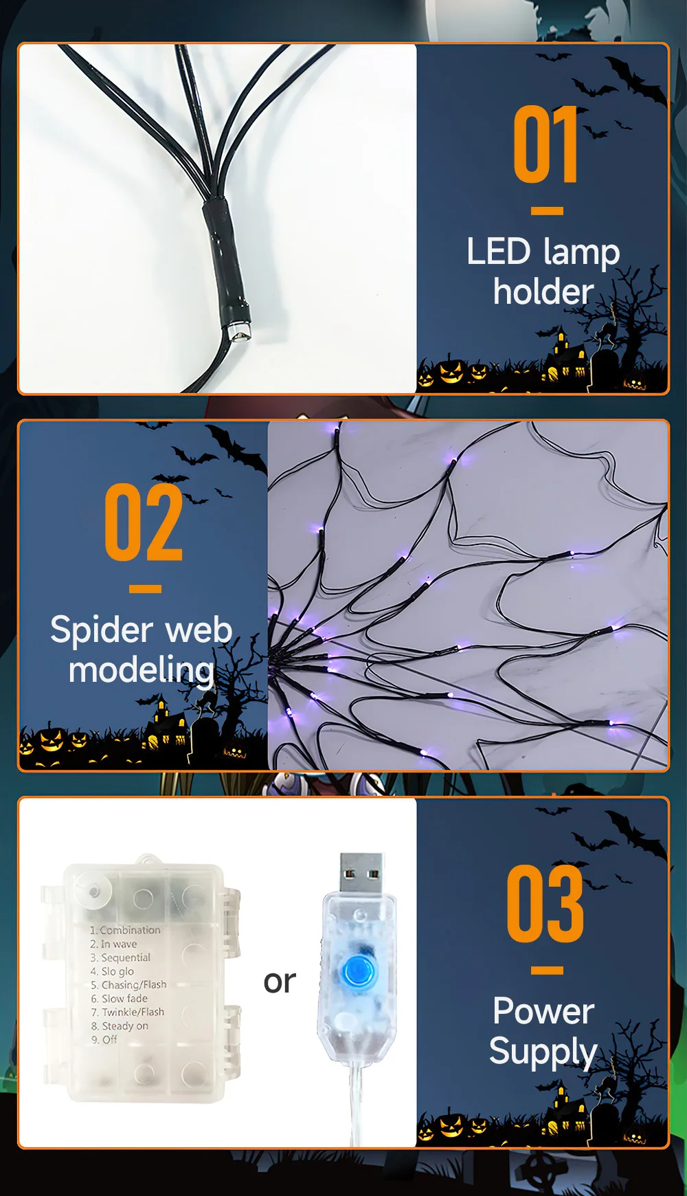 LED Halloween Spider Web Decoration-8 Modes Lights