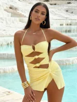 Hollow Out Holiday Swimsuits New String Halter Swimwear Women Beachwear 2 Piece Bikini Set Coverup Mini Skirt Vacation Wear K233