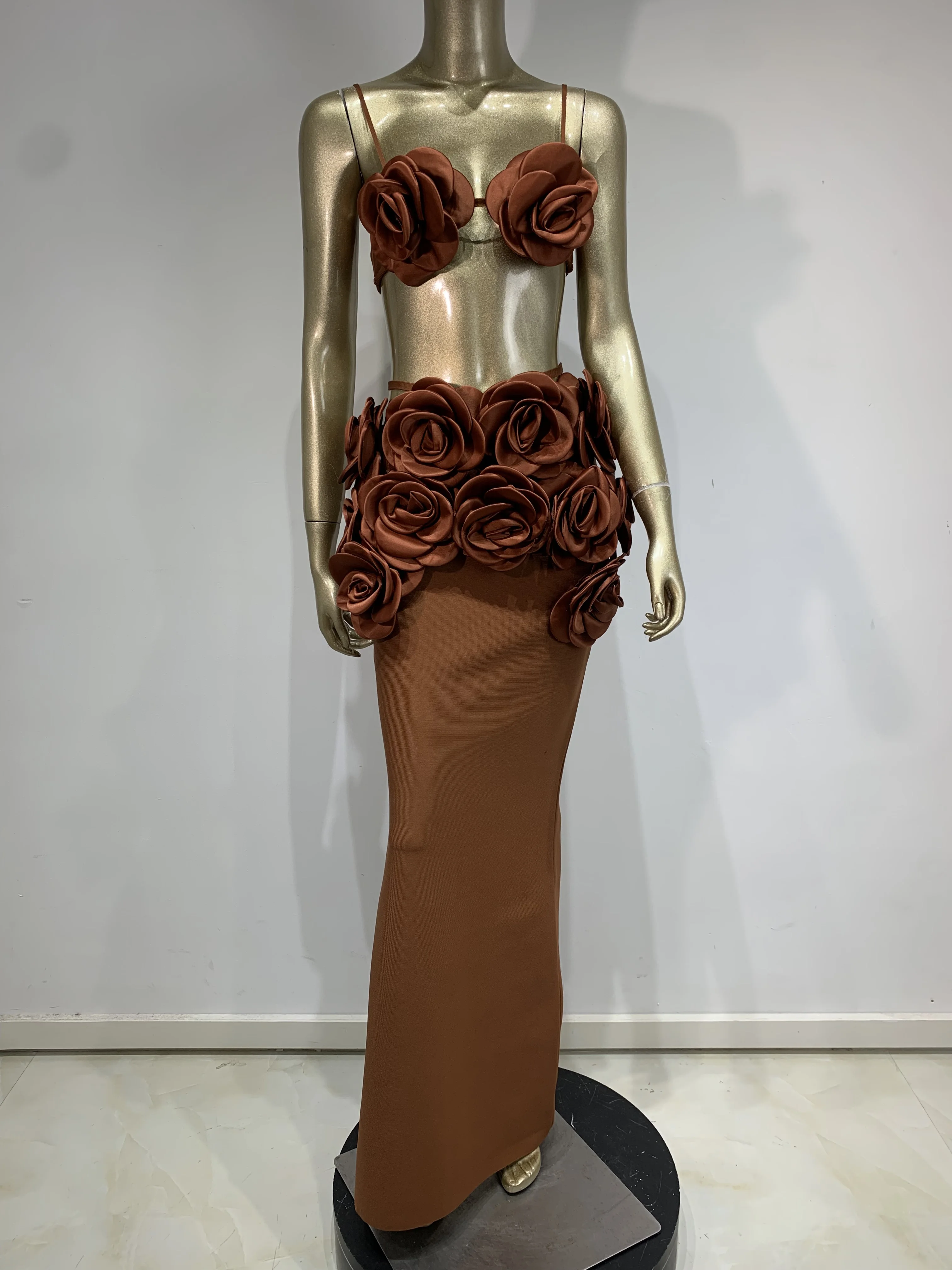 Women Celebrity Sexy Backless Halter Flower Brown Maxi Long Bandage Skirt Set 2025 Knitted Elegant Evening Club Party Clothing 2