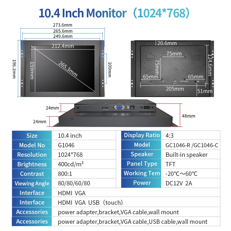 Zhixianda     ġ  LCD ÷ HDMI VGA USB ̽ 10.4 ġ 1024x768
