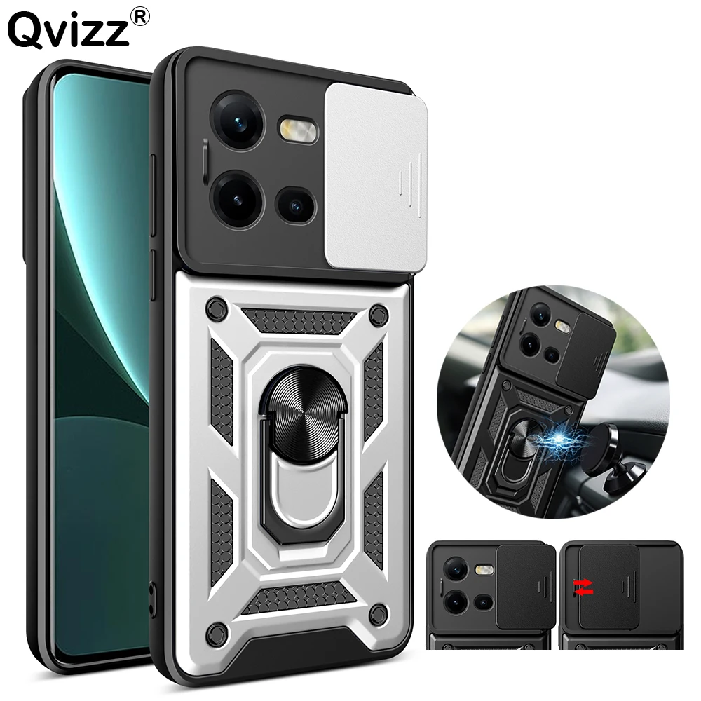 

for vivo V25 V 25 Case Luxury Slide Camera Car Magnetic Ring Holder Soft Edges Hard Shockproof Cute Phone Cover vivoV25 V2202