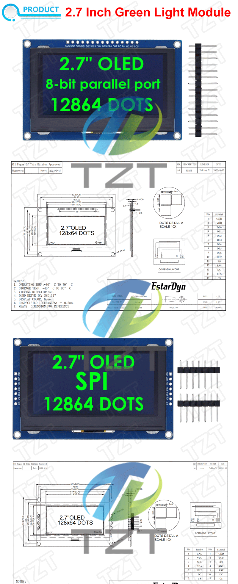 Grüne Farbe 2,7 Zoll OLED LCD Display 128x64 Pixel SSD1327 IIC / SPI / 8-Bit Parallel Port kompatibel mit Arduino – Detail 1