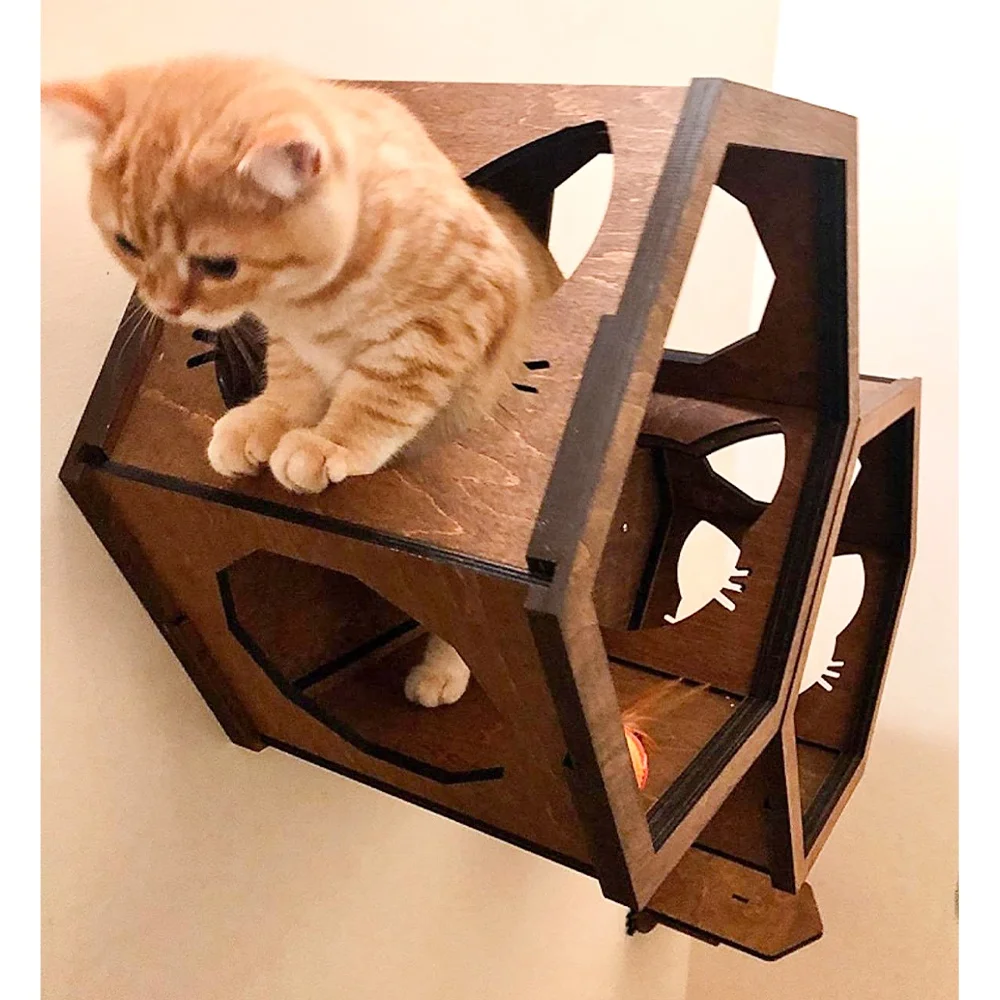 Acrylic Glass Window Cat Bed Furniture Wall Pet Toy Hexagon Cat Shelves Wood Climbing Shelf