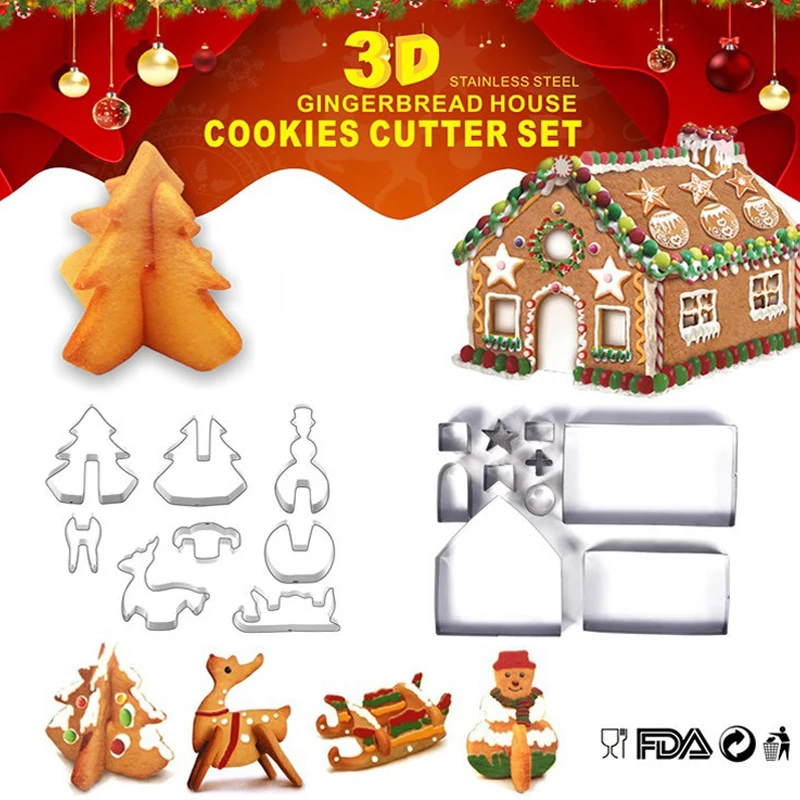 Cookie cutter Christmas Gingerbread House Cookie Cutter Set 3D Stainless Steel Biscuit Mold Fondant Baking Tool Party Decoration cookie mould pastry cutter