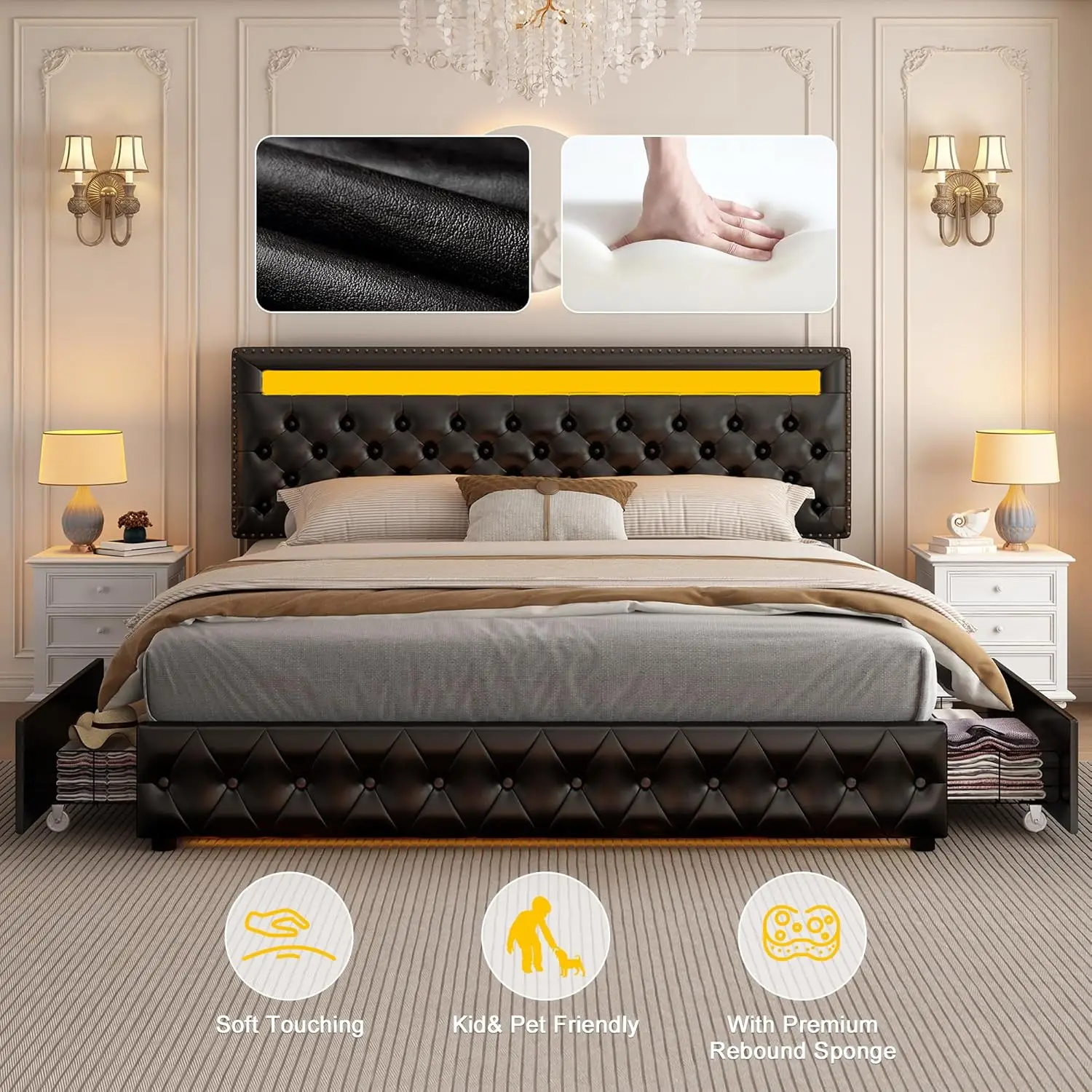 Queen Led Bed Frame with 4 Storage Drawers, with Smart Control RGBW LED Lights Headboard Footboard, Control DIY Color 5