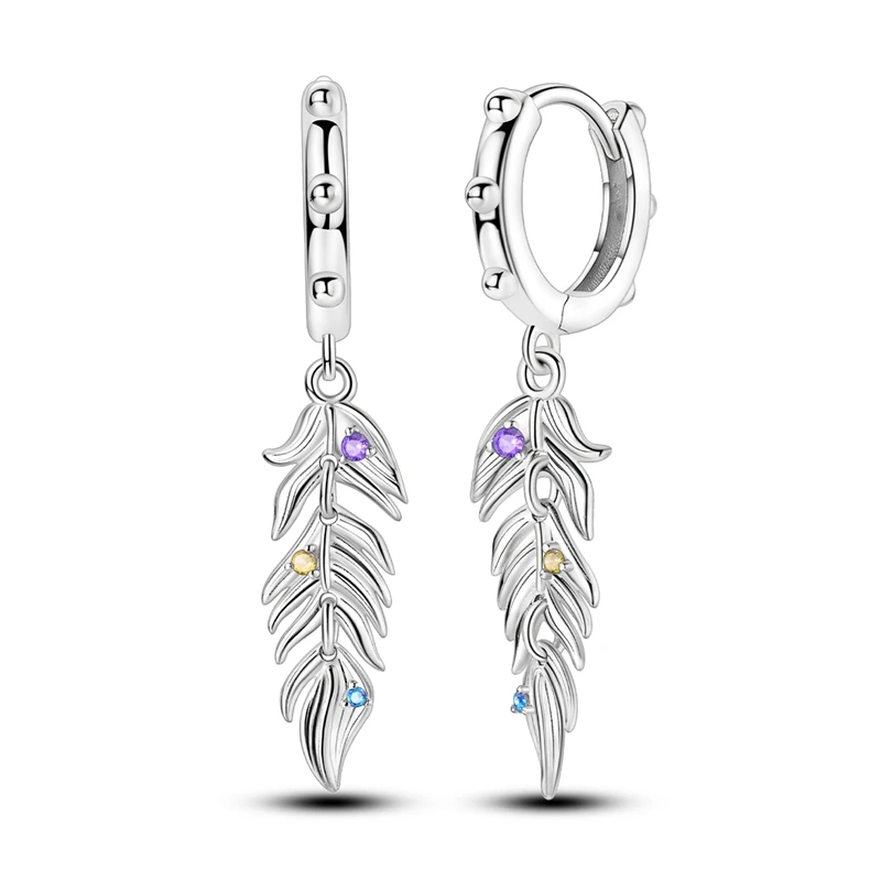 Colorful Zirconia-Embellished Feather and Butterfly Hoop Earrings in 925 Silver