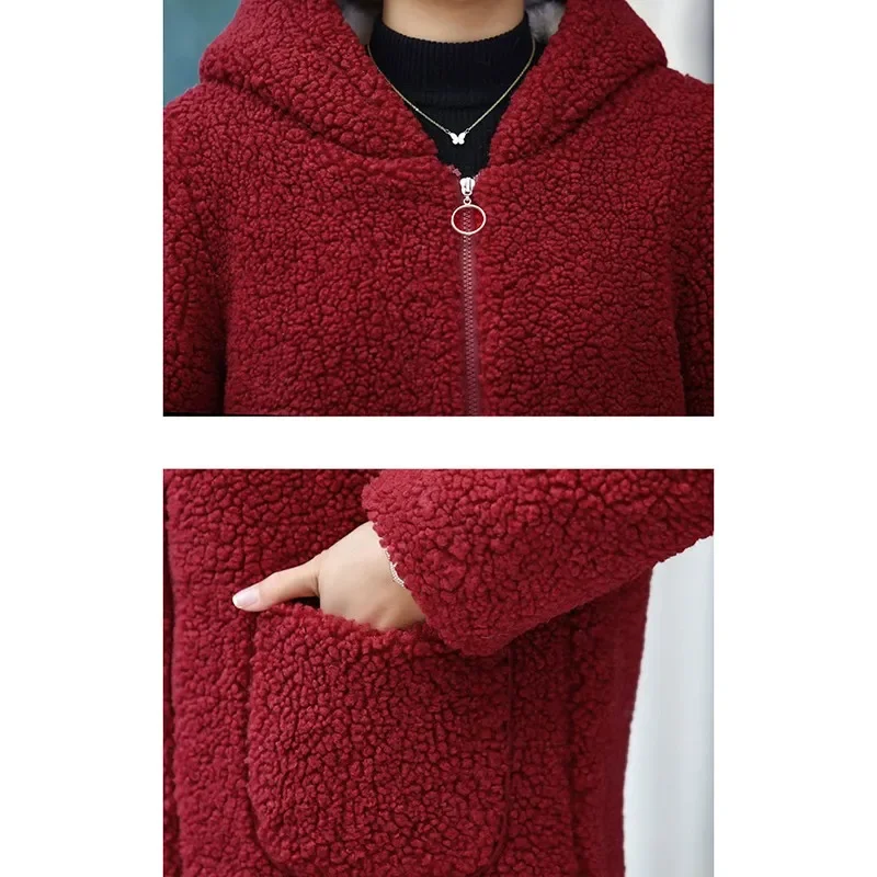 Mother Winter Women Fur Lambswool Polar Fleece Plus Velvet Cotton Jacket Coat Oversized Overcoat Hooded Outerwear Parkas Female