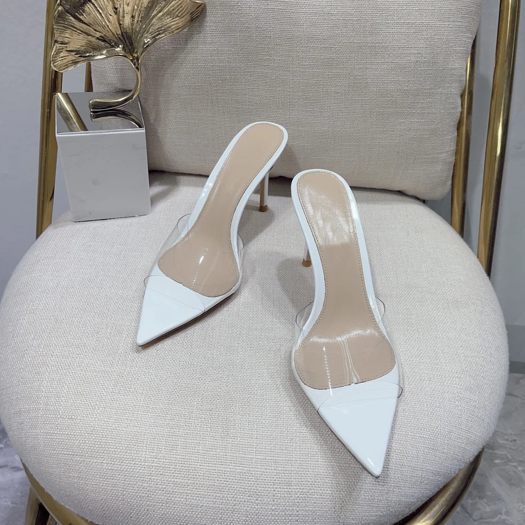Fashionable and minimalist transparent high heel slippers with thin heels and pointed toes, and open toe sandals