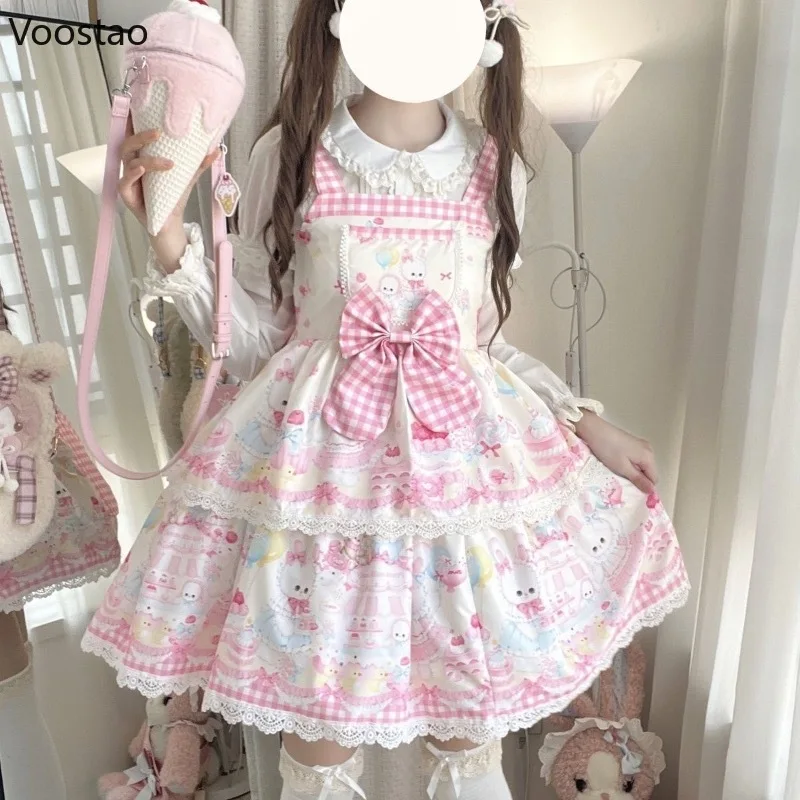 Japanese Sweet Lolita Jsk Dress Women Cartoon Bunny Print Bow Lace Ruffles Strap Dress Girls Tea Party Mini Dresses Cute
