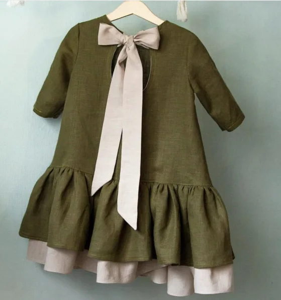 

Spring Autumn Linen Kids Girls Dress Solid Bow Colored Split Sleeve Princess Dress Patchwork Design Baby Clothes ins Bebes rope