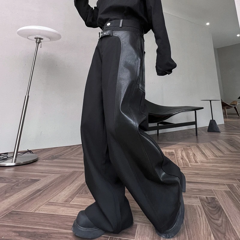 IEFB Men's Trousers Autumn New Dark Casual Pants Pu Leather Patchwork Streetwear Loose Korean Style Trend Male Overalls 9C1956 men trousers