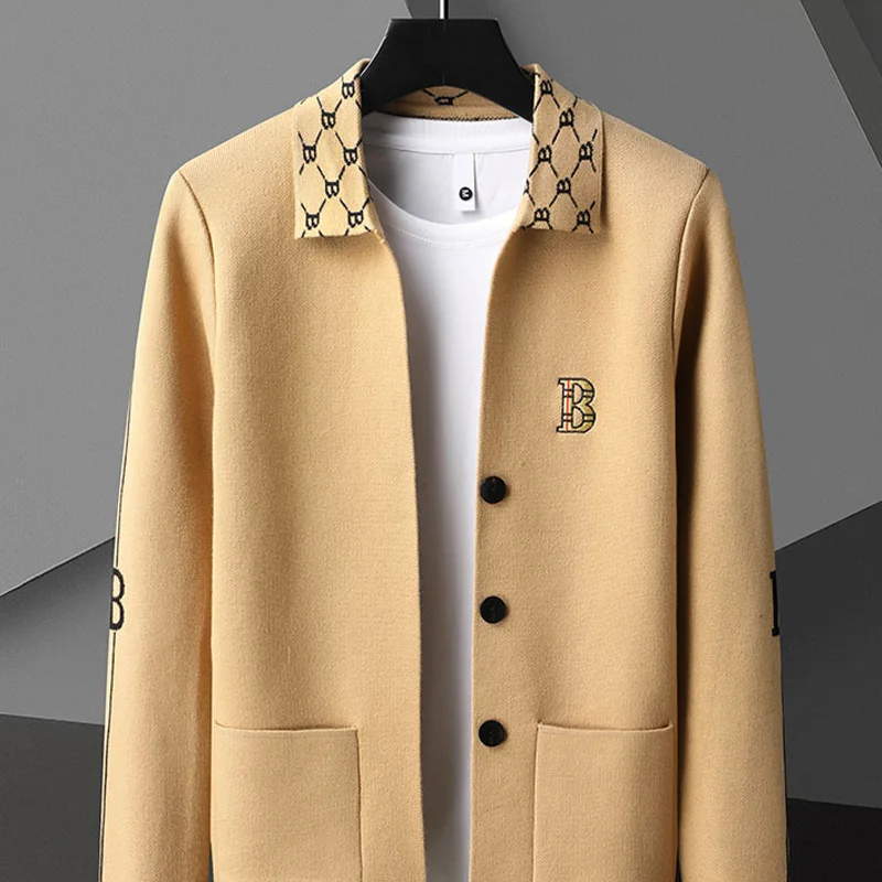 Luxury Spring and Autumn New Men's Solid Color Business Casual Sweater Trendy Neckline Design Pattern Embroidered Cardigan M-4XL knitted cardigan fleece cardigan cotton cardigan