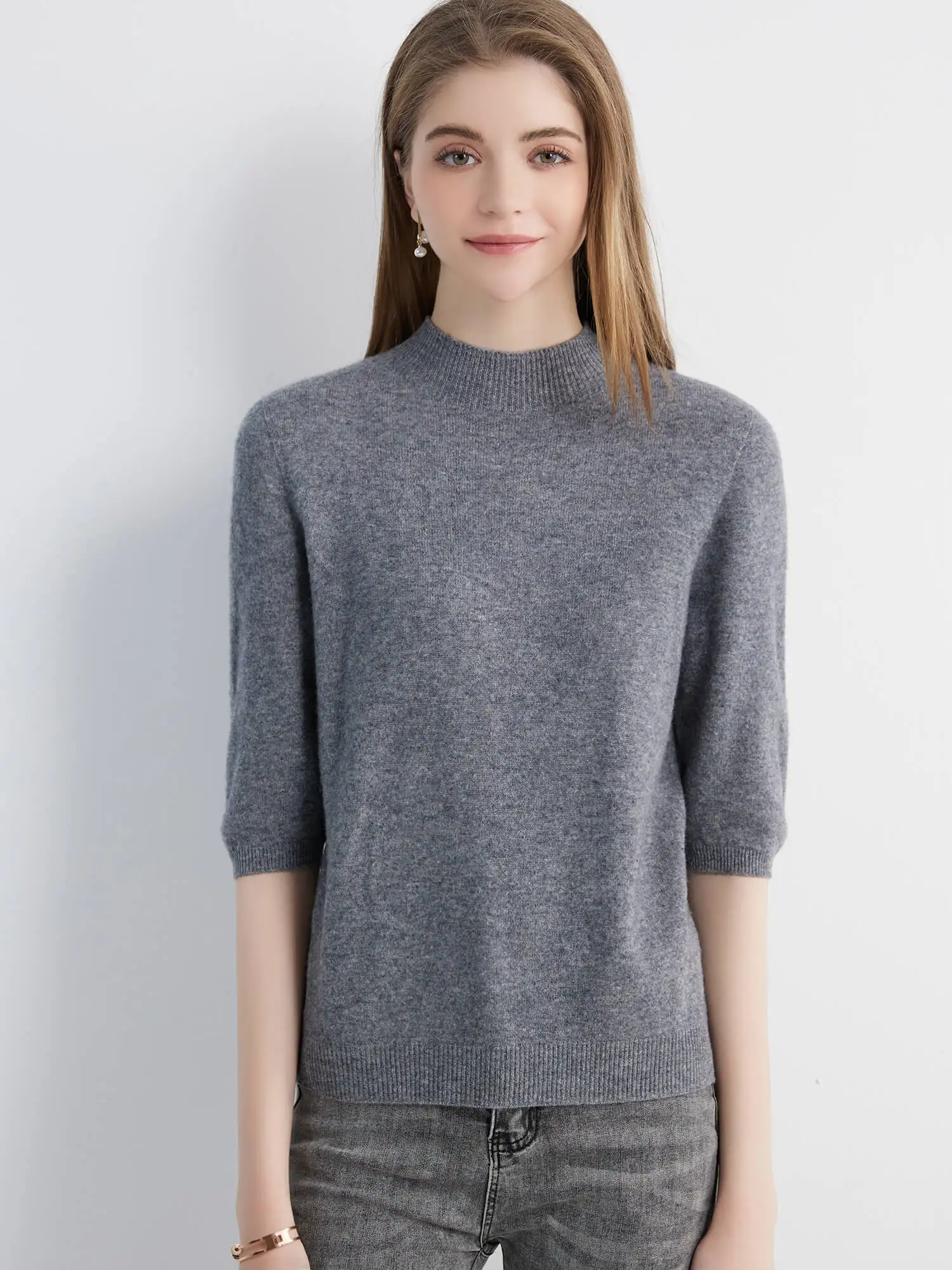 Wool Top Women's Sweater Knitwears Short Sleeve Pullover 100% Wool Half Turtleneck Sweater for Women Knit Jumper Female Clothing