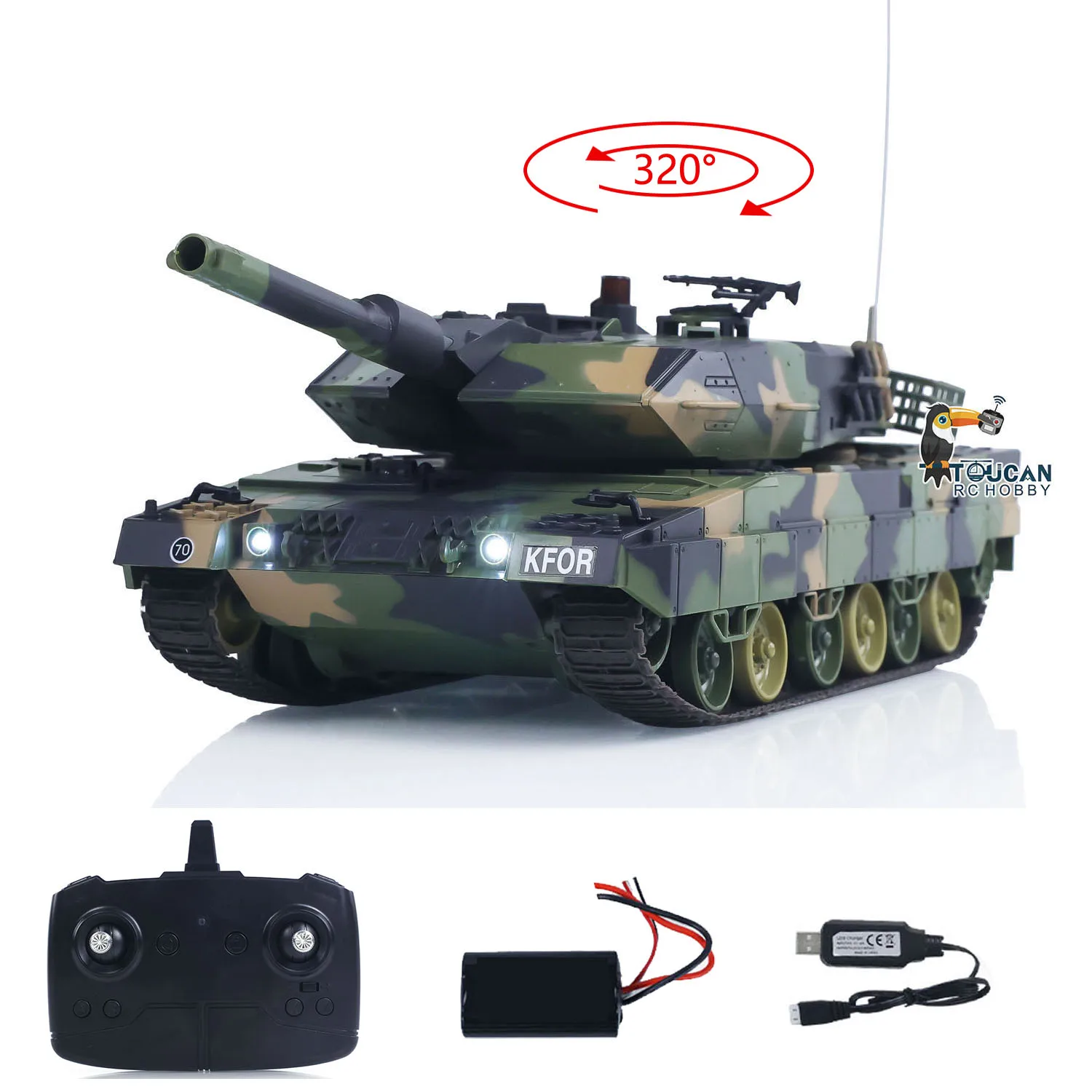 Char RC HengLong Leopard 2A5 1/24 en action, pulvérisant de l'eau depuis son canon