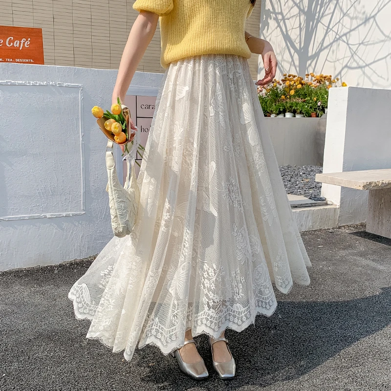 

Spring Summer Two-side Wear Skirt Women High Elastic Waist Sweet A Line Lace And Soft Pleated Velour Skirts