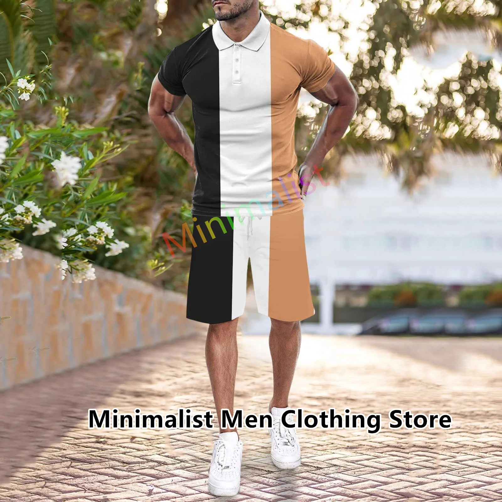 Men's Polo Suit Summer New Fashion Luxury Brand Casual Suit Button Lapel Striped T-shirt Short Sleeve Male 2 Piece Outfits