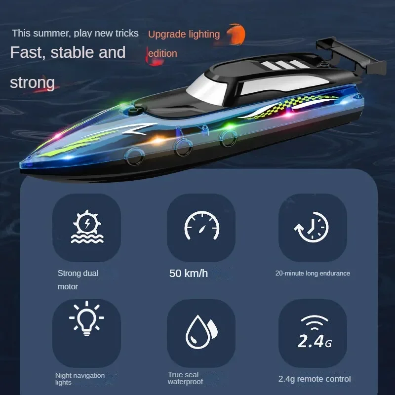 RC Boat with Case V555 2.4GHz Lighting Racing RC Boat 50KM/H With Bright LED Light For Adults and Kids With Rechargeable Battery 5