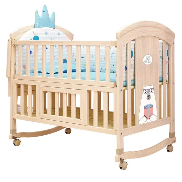 2025 New Height-adjustable Solid Wood Crib, Removable, with Diaper Changing Table and Mosquito Net, Multifunctional Crib 3