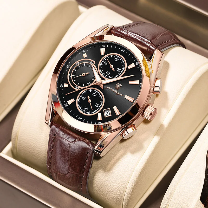 

Многофункциональные спортивные мужские часы, Роскошные водонепроницаемые кварцевые наручные часы для мужчин с кожаным ремешком, мужские часы 2024