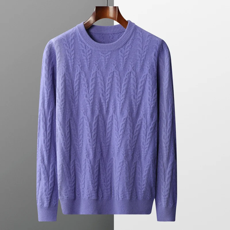 Autumn and winter new 100% pure wool cashmere sweater men's round neck twist thick knitted sweater loose fashion bottoming coat 4
