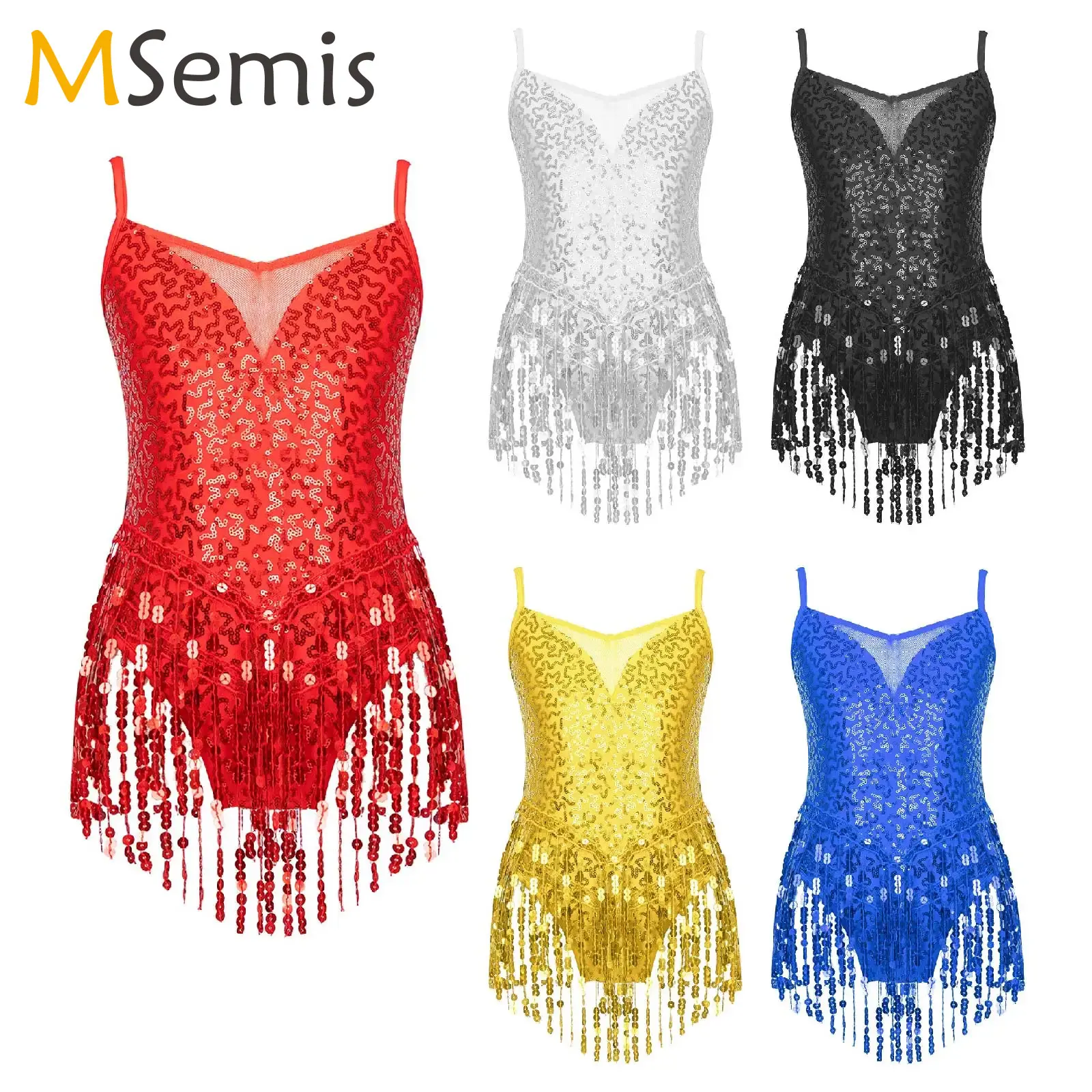 

Latin Jazz Dance Dress Gym Kids Girls Shiny Sequins Tassel Fringe Mesh Ballroom Samba Tango Cha Cha Dance Leotards Rave Costume