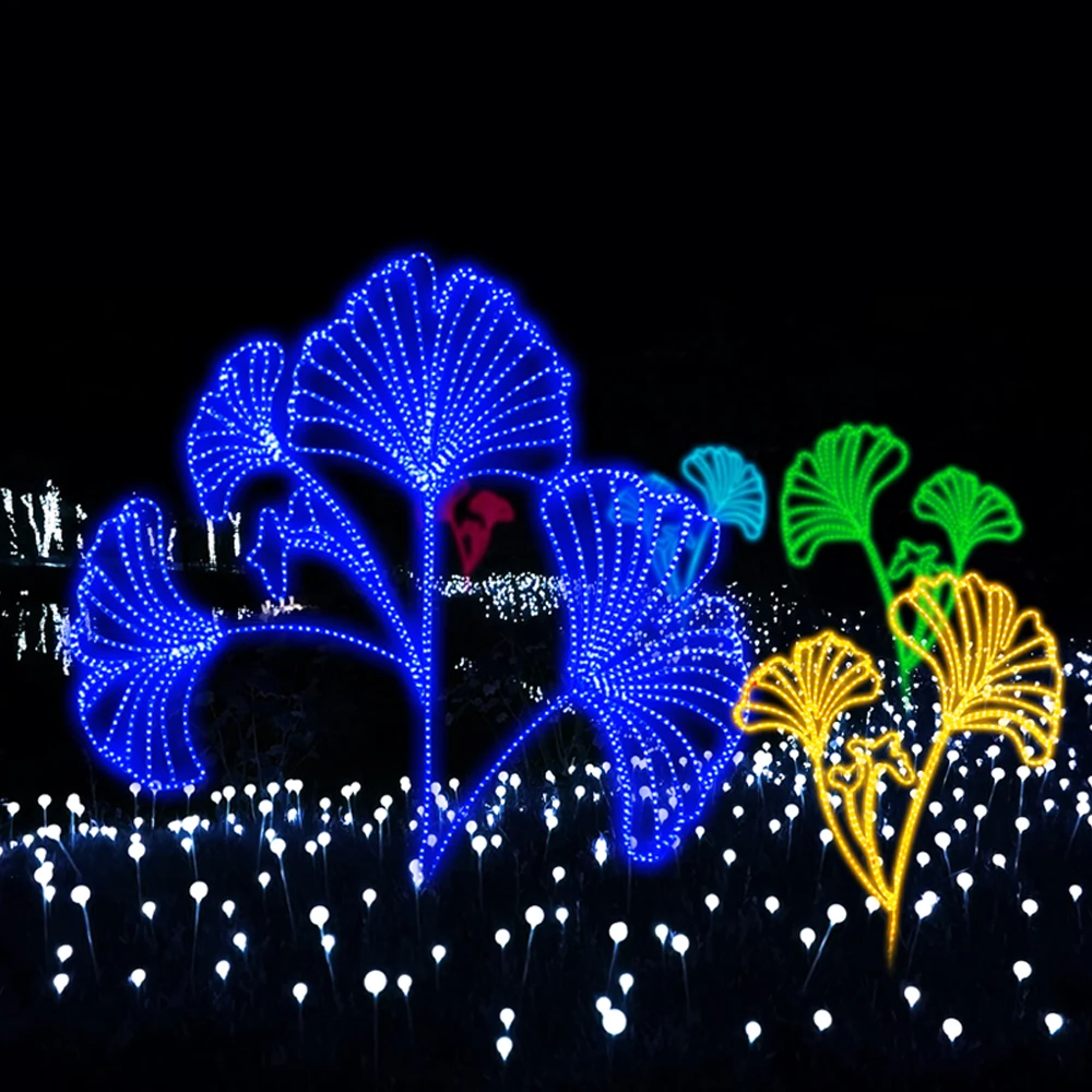 맞춤형 디자인 2D LED 녹색 은행잎 모티브 조명, 상업용 야외 장식 방수 잔디 정원 거리 IP65