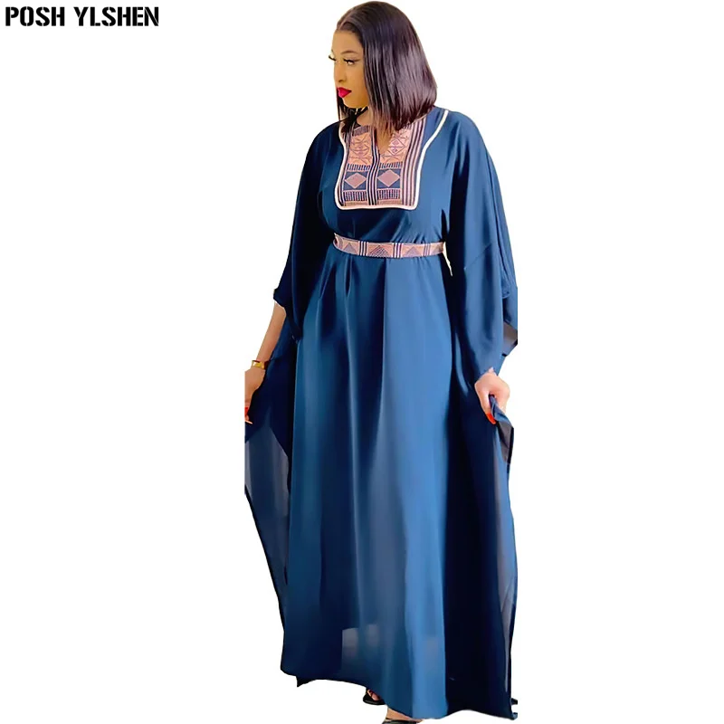 

Two Piece Set African Dresses for Women Fall African Women Bat Sleeve V-neck Chiffon Long Dress African Print Dresses With Belt