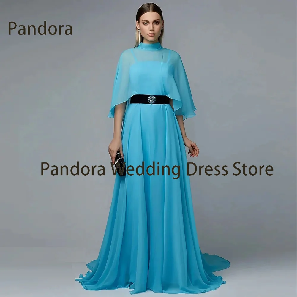 

Pandora Floor-length half-sleeve formal dress high neck chiffon belt pleated A-line lace-up Arabian women's prom party dress