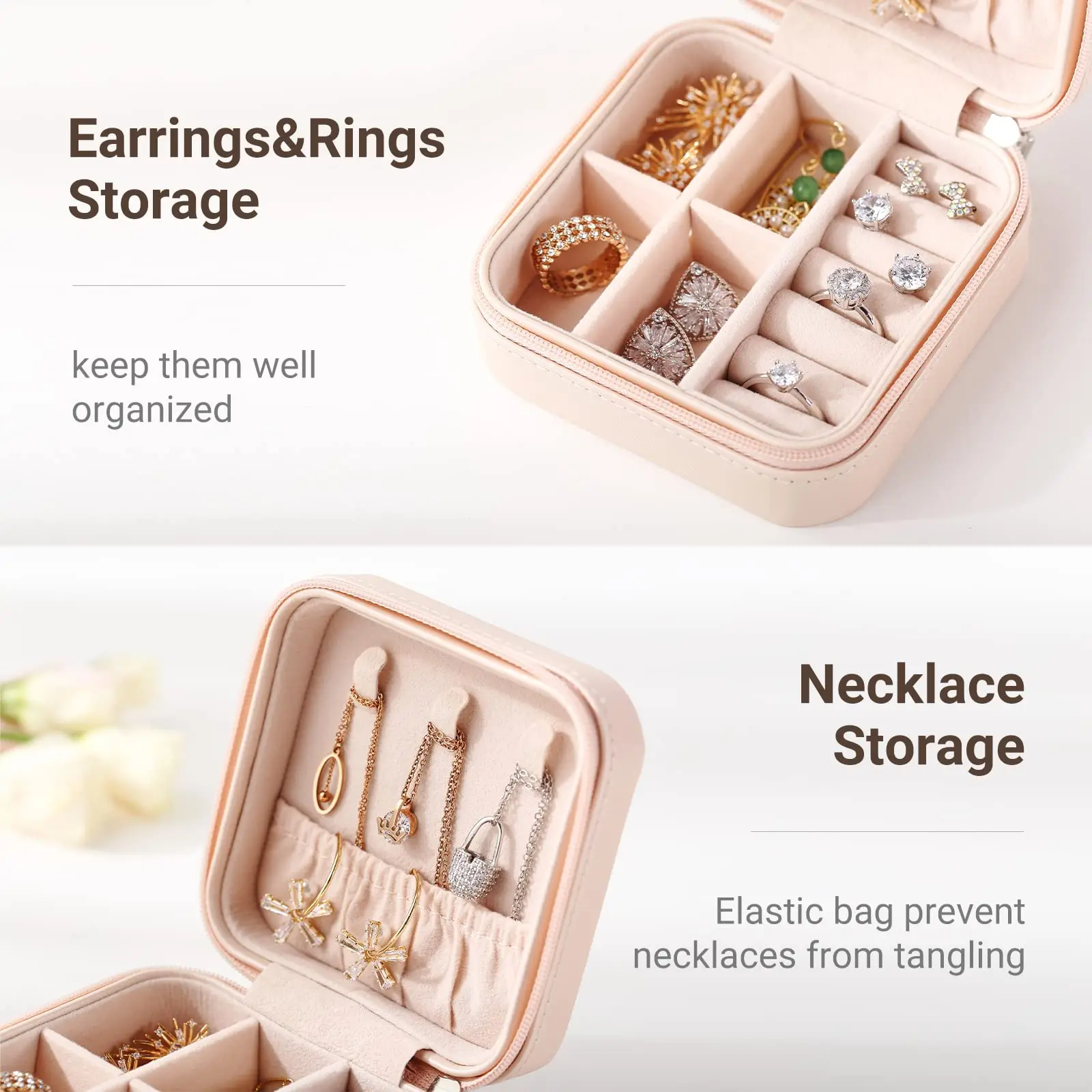 Reise-Schmucketui, kleine Schmuckschatulle, tragbarer Schmuck-Reise-Organizer, Display-Aufbewahrungskoffer für Ringe, Ohrringe, Halsketten, Armbänder – Detail 10