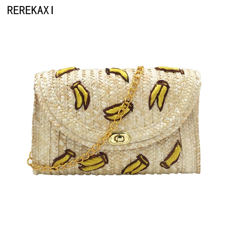 Wheat Straw Woven Women Shoulder Bag Bohemian Summer Beach Bags Cherry Banana Female Messenger Clutch Chain Flap Crossbody Bag - Image 2