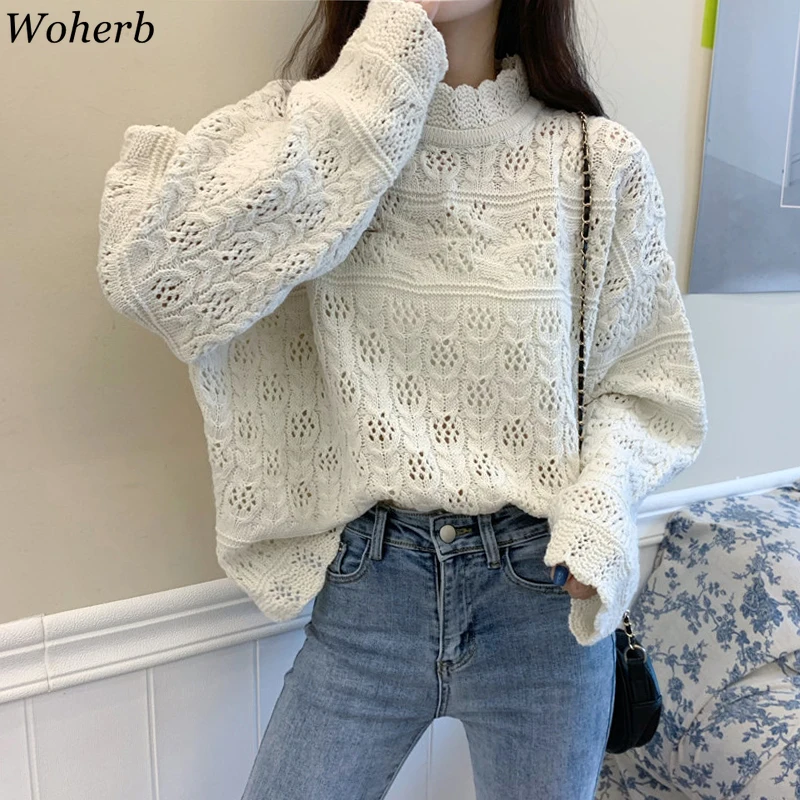 Свитер Женский вязаный Woherb с воротником-хомутом свободный винтажный 4e995 2021 |